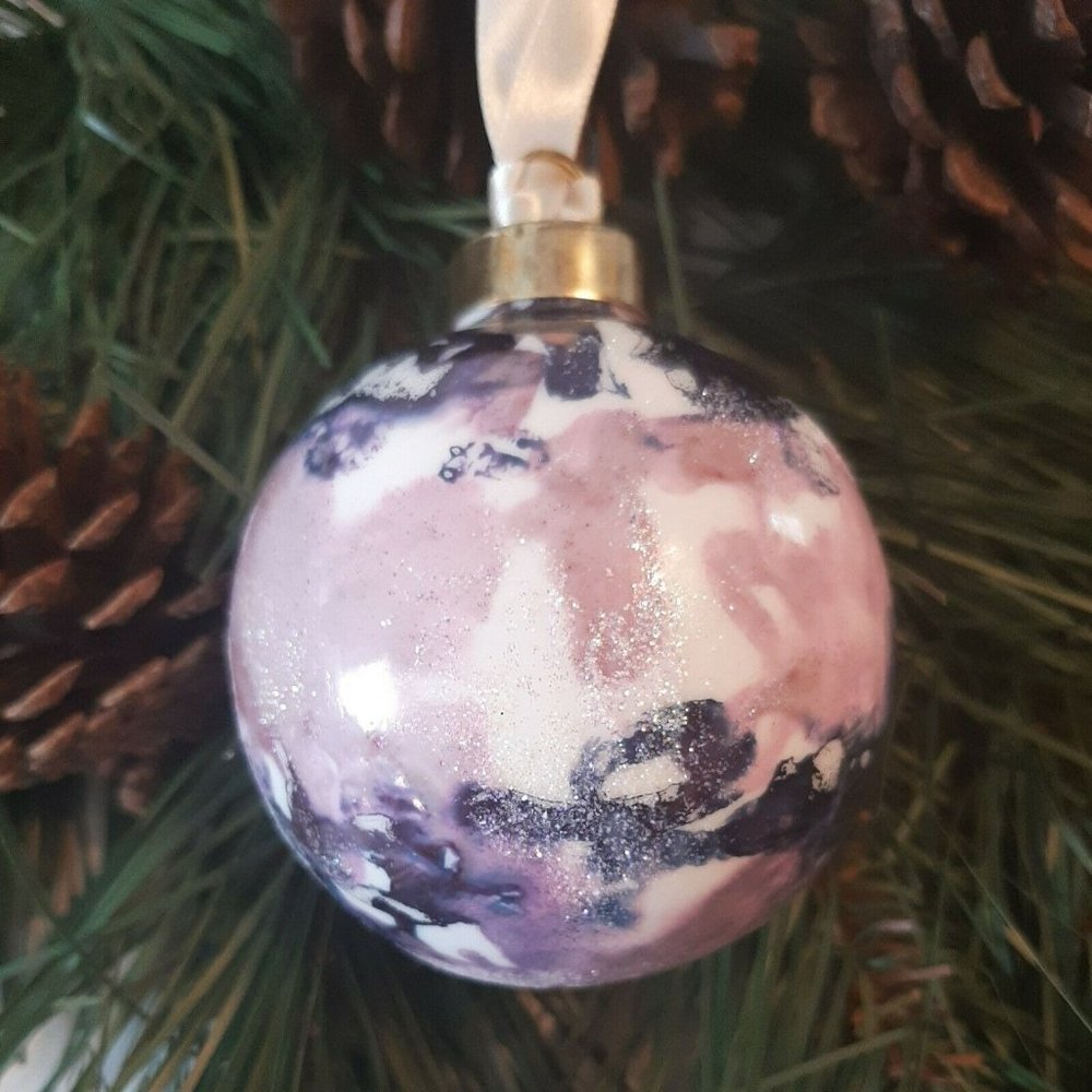 Handmade Glass Purple-y Pink Navy Tie Dye Christmas Ball Ornament Soft Glitter